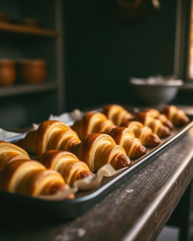 Row of freshly baked butter croissants on a tray