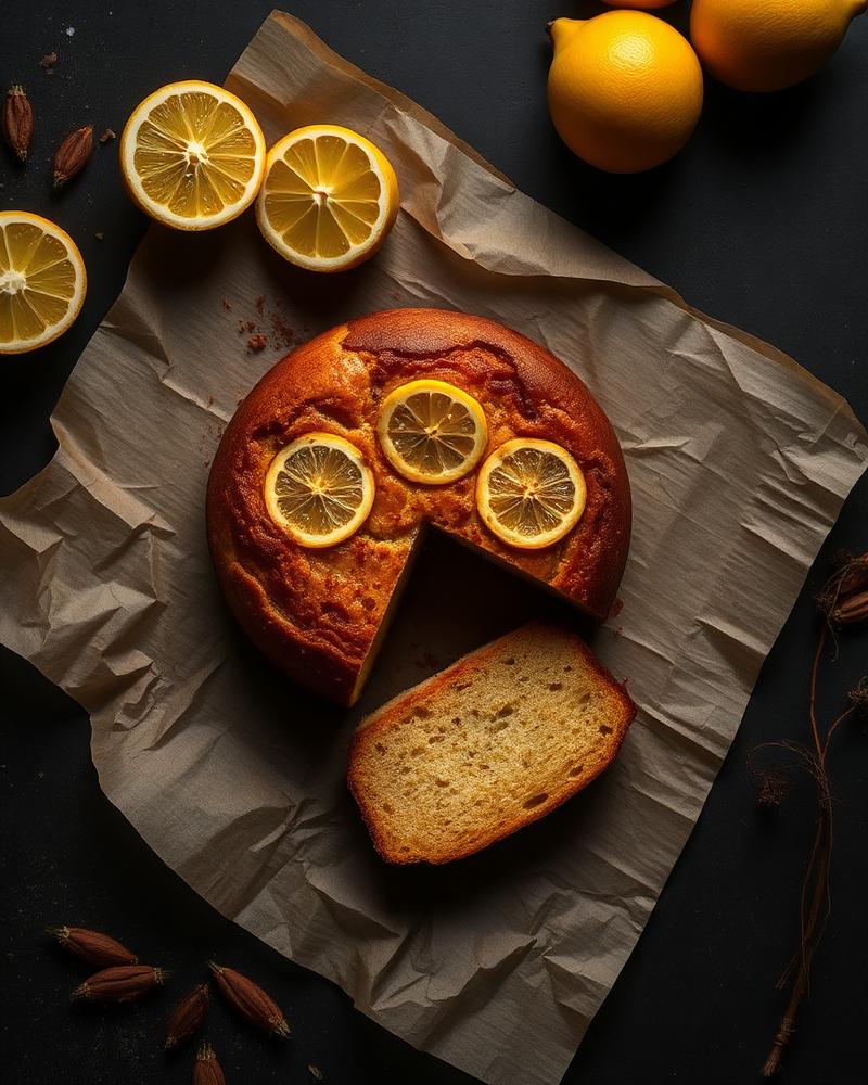 Sliced lemon-olive oil cake on parchment